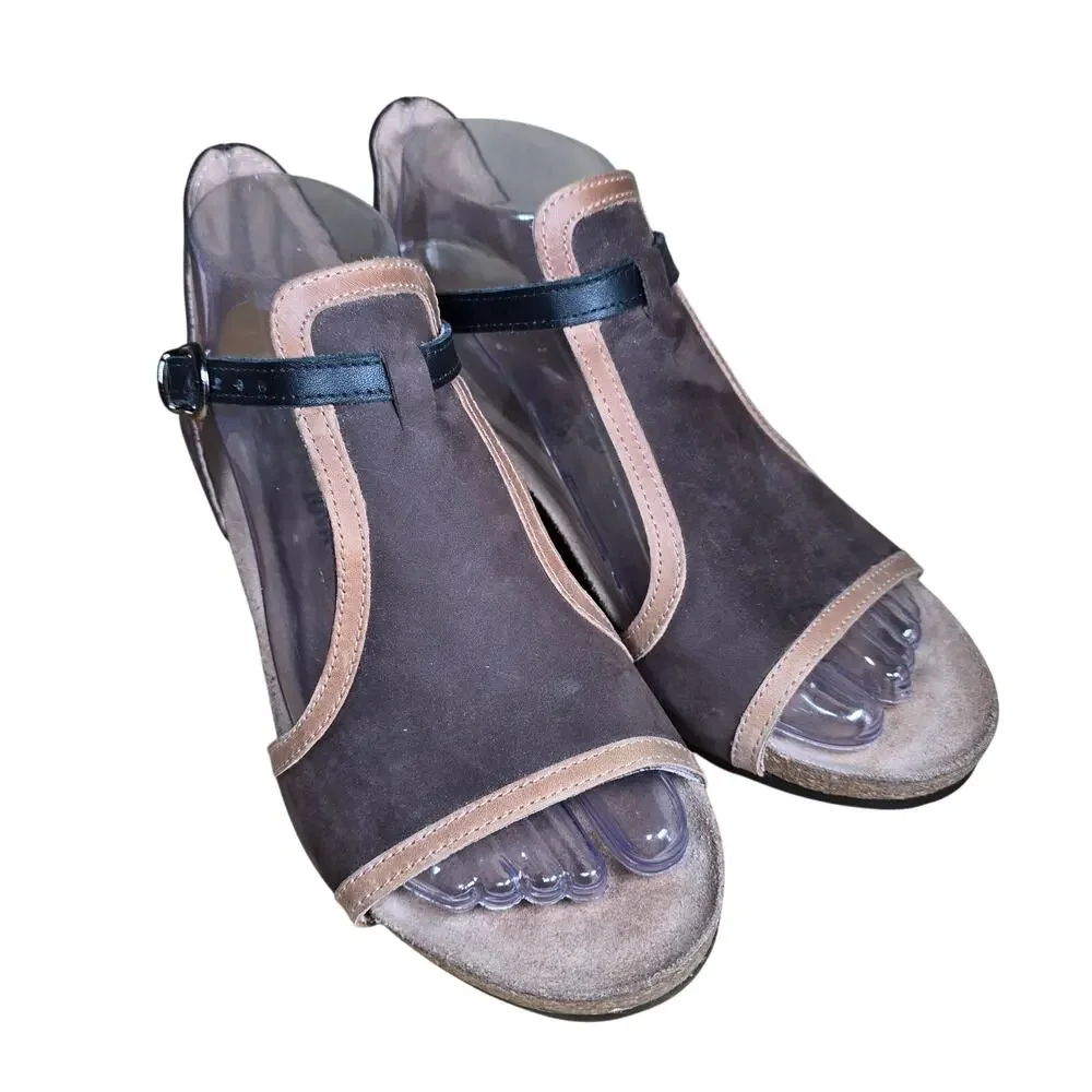 Naot Sandals 37 / 6.5-7 Fiona Beige Lizard Brown Leather Comfort Wedge Worn 1x